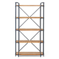 Industrial 5-shelf bookcase with dark metal pipe frame and natural wood shelves