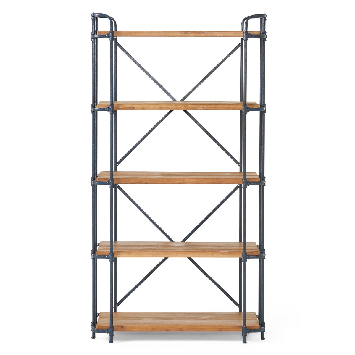 Industrial 5-shelf bookcase with dark metal pipe frame and natural wood shelves