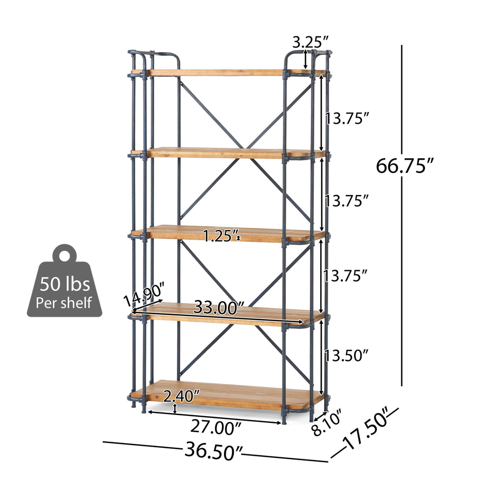 Industrial 5-shelf bookcase with metal pipe frame and natural fir wood shelves