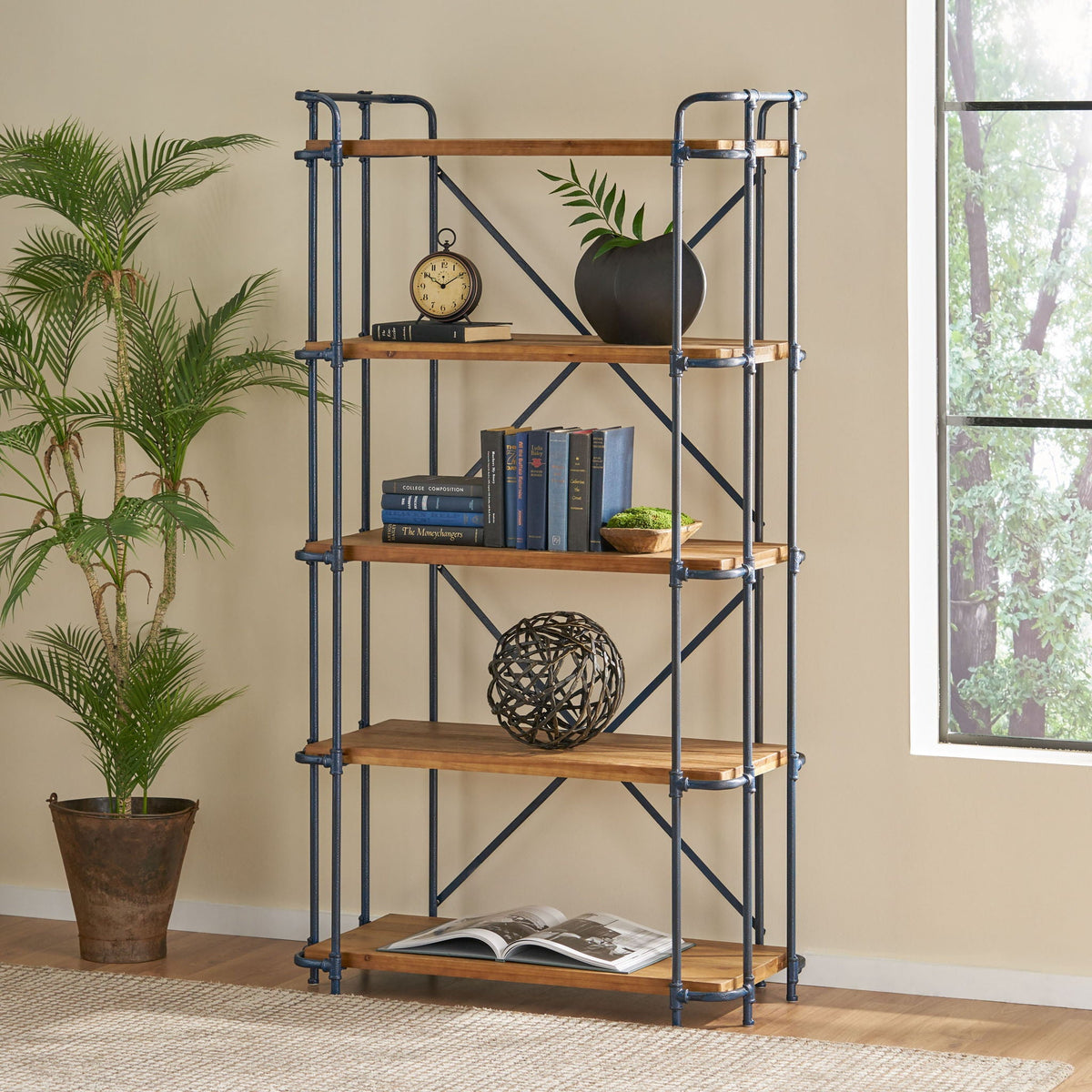 Industrial 5-shelf bookcase with metal pipe framework and natural wood shelves