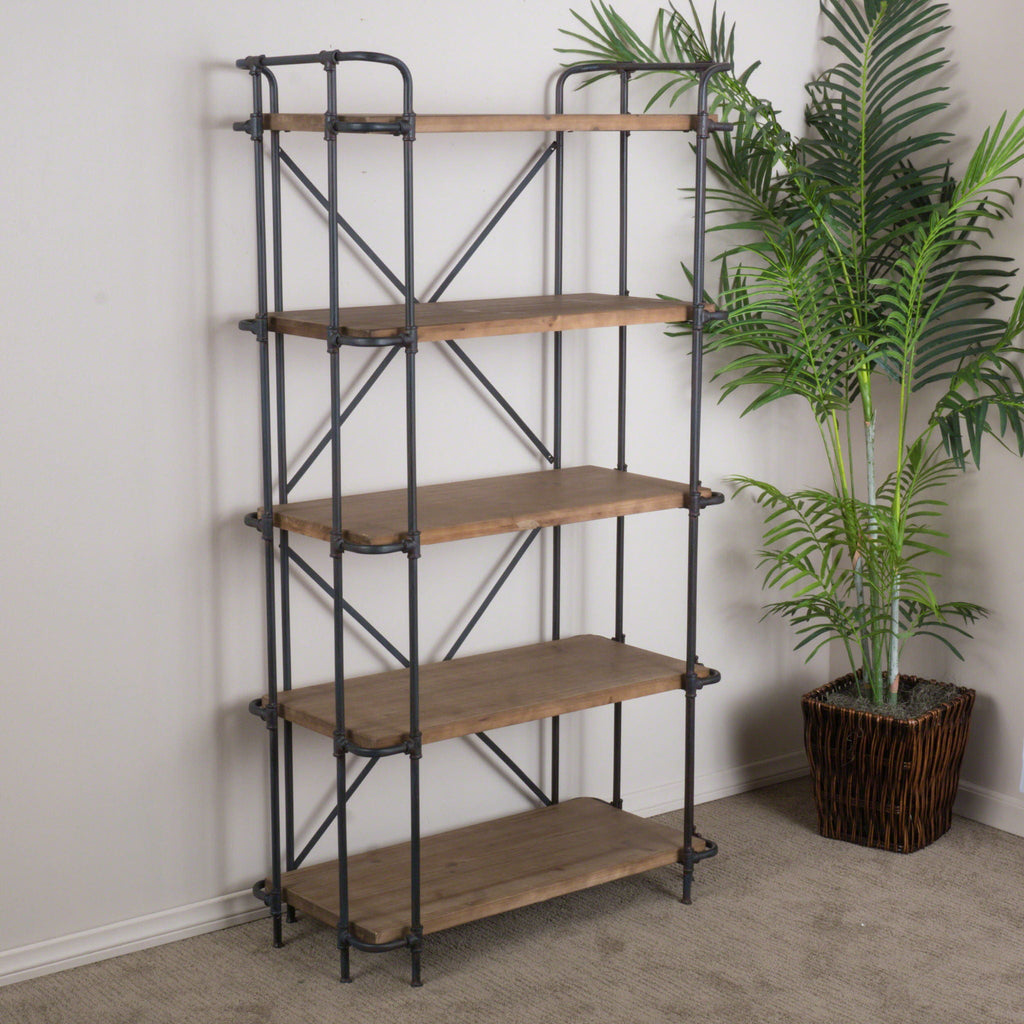 Industrial 5-shelf bookcase with cross-braced metal pipes and natural wood shelves
