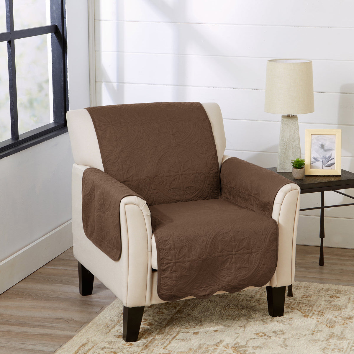 Armchair protector in chocolate brown with quilted texture and cream side panels