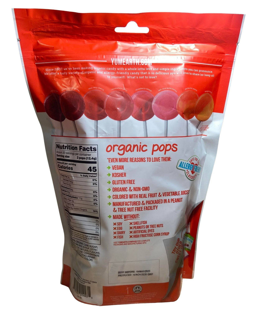 YumEarth organic pops bag back with nutrition facts and ingredients panel