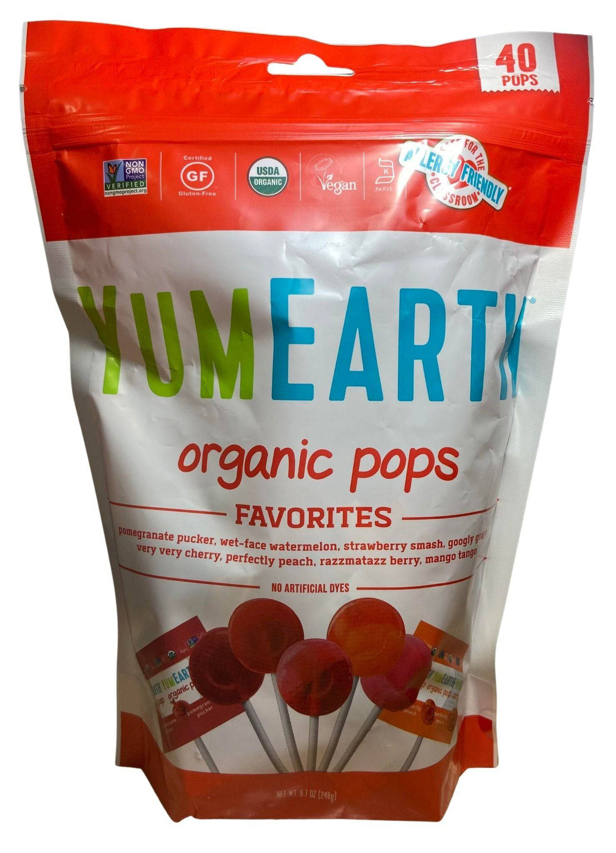 YumEarth organic pops bag, red and white front with lollipop artwork and 40 pops