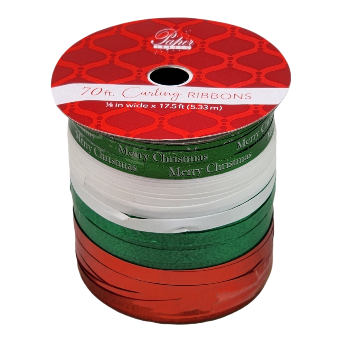 Curling ribbon spool, red green white Merry Christmas ribbon