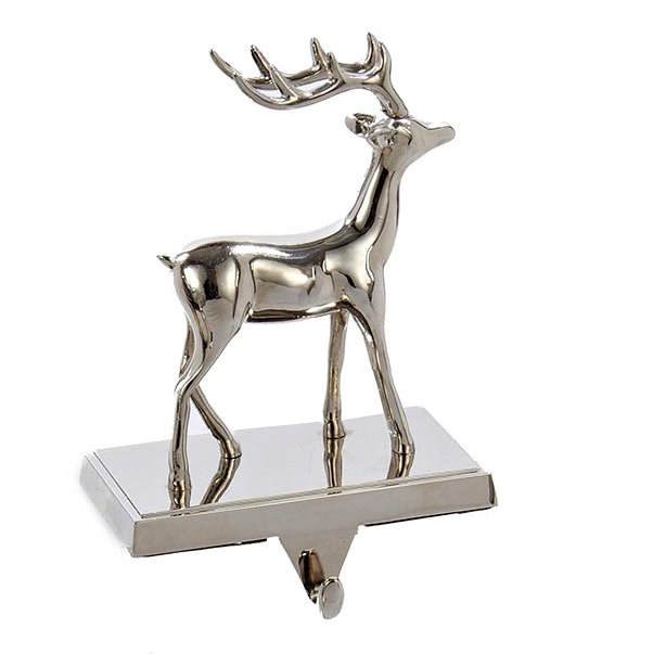 Silver metal reindeer stocking hanger with star base and hanging hook