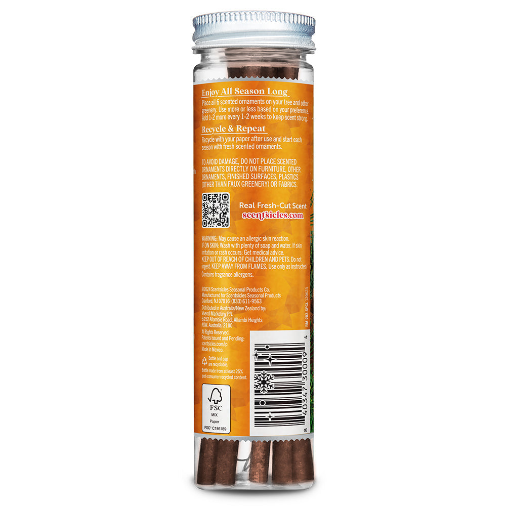 Scented pinecone ornament cylinder with directions and ingredients panel