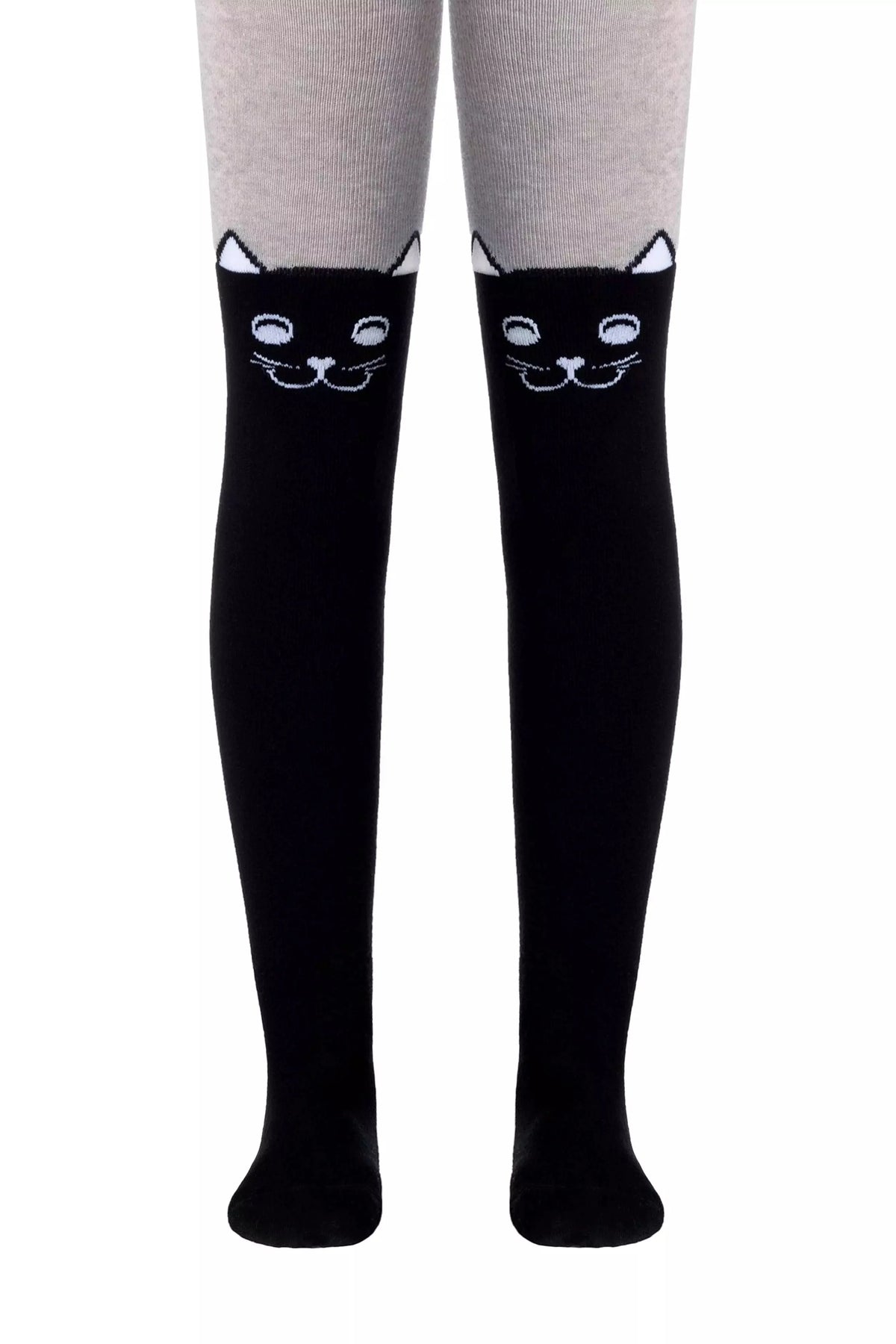 Two-tone kids' cotton tights: gray upper, black lower with cat-face motifs