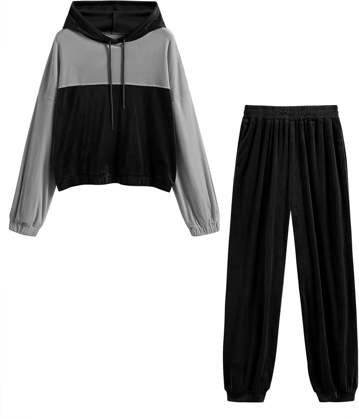 Colorblock velour hoodie and black drawstring jogger pants set with elastic waist