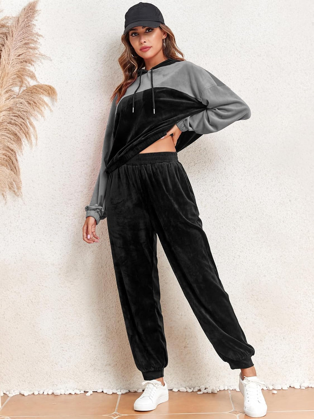 Grey and black velour tracksuit with drawstring hood hoodie and loose jogger pants