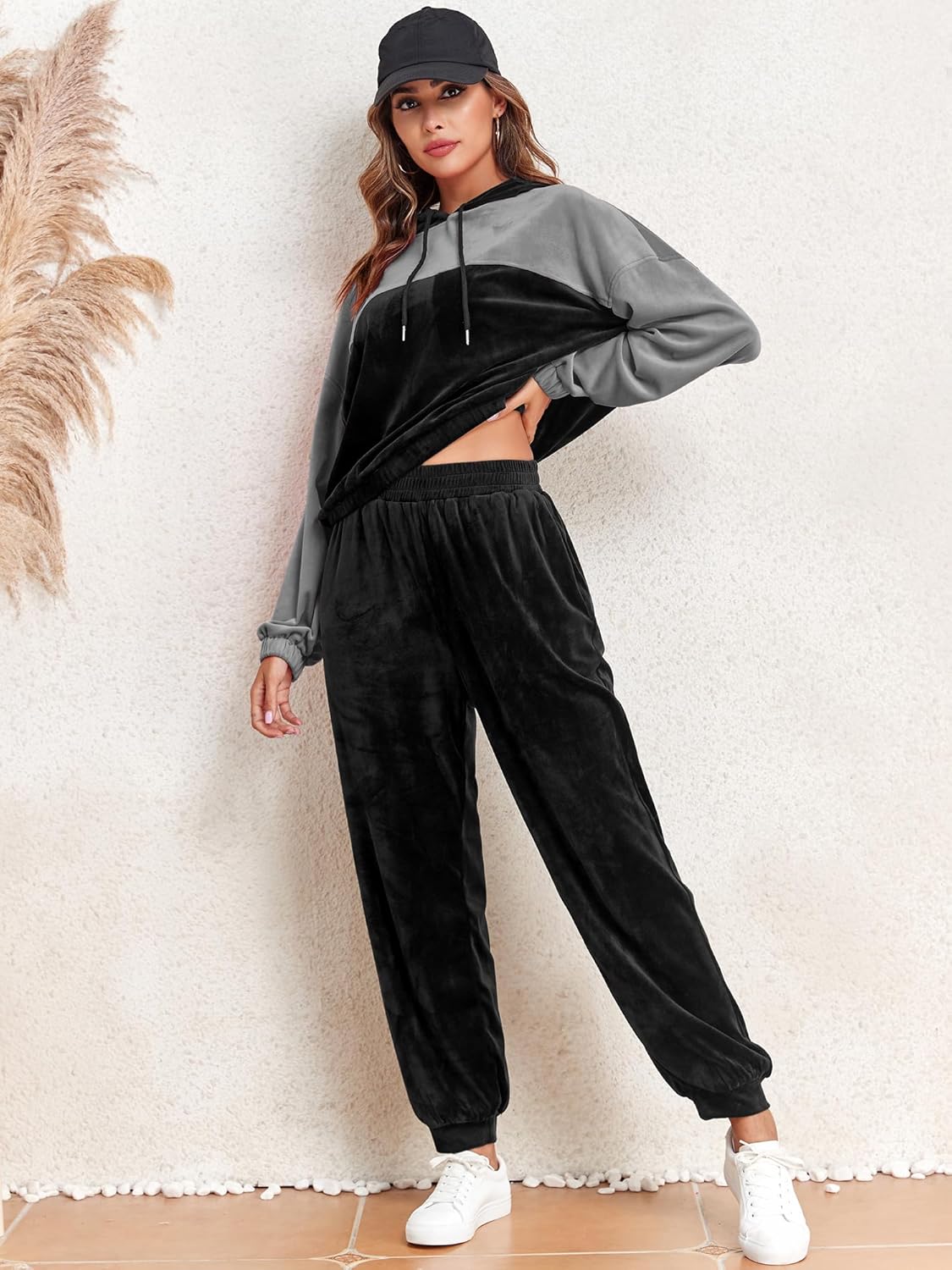 Grey and black velour tracksuit with drawstring hood hoodie and loose jogger pants