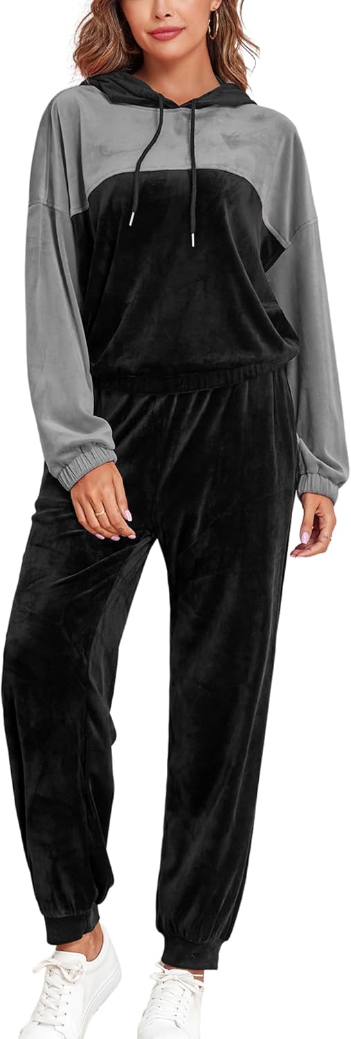 Grey and black velour two-piece set: pullover hoodie with drawstring hood and jogger pants