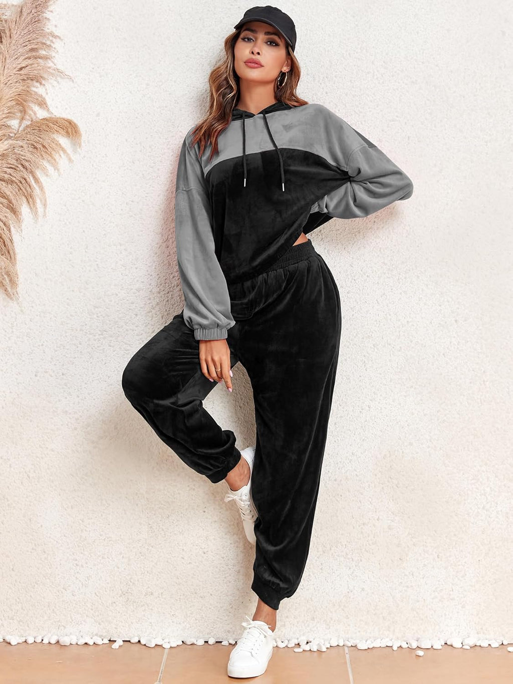 Colorblock grey and black velour hoodie with drawstring hood and matching jogger pants