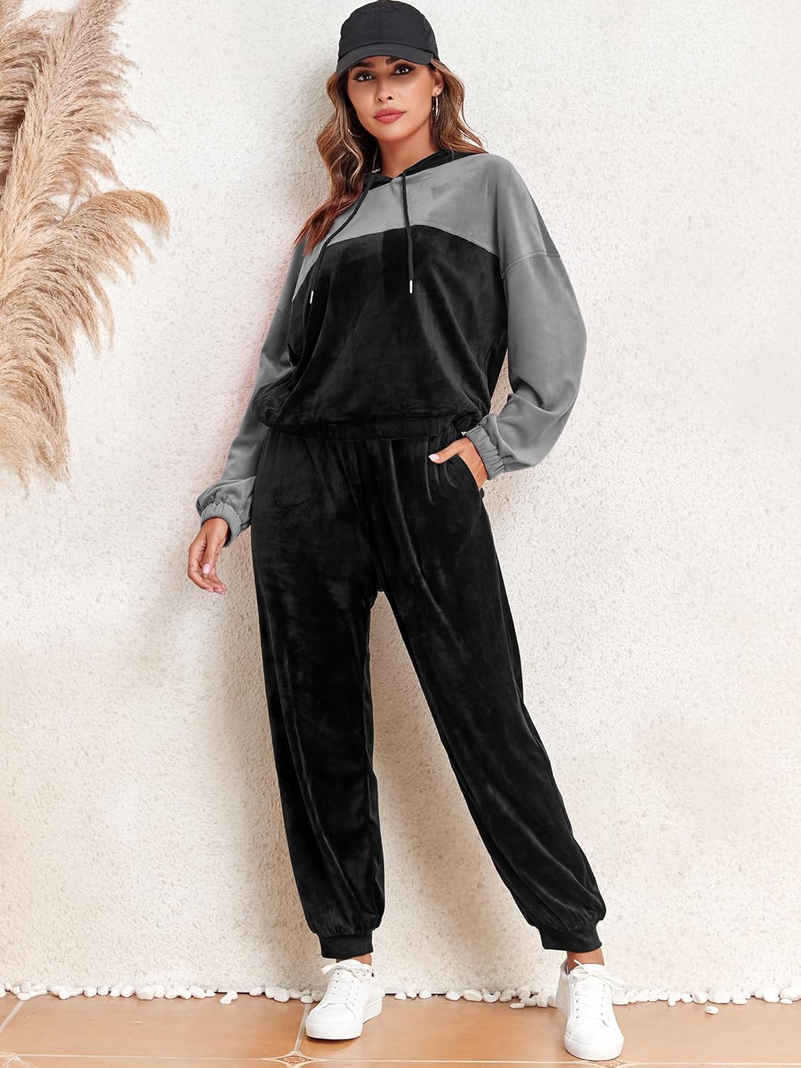 Grey and black velour tracksuit with colorblock hoodie and drawstring jogger pants