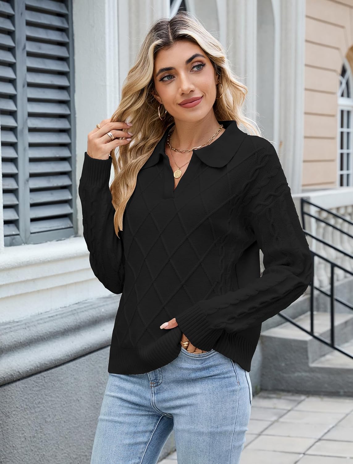 Women’s lapel collar cable knit sweater, diamond textured front, long sleeves, black.