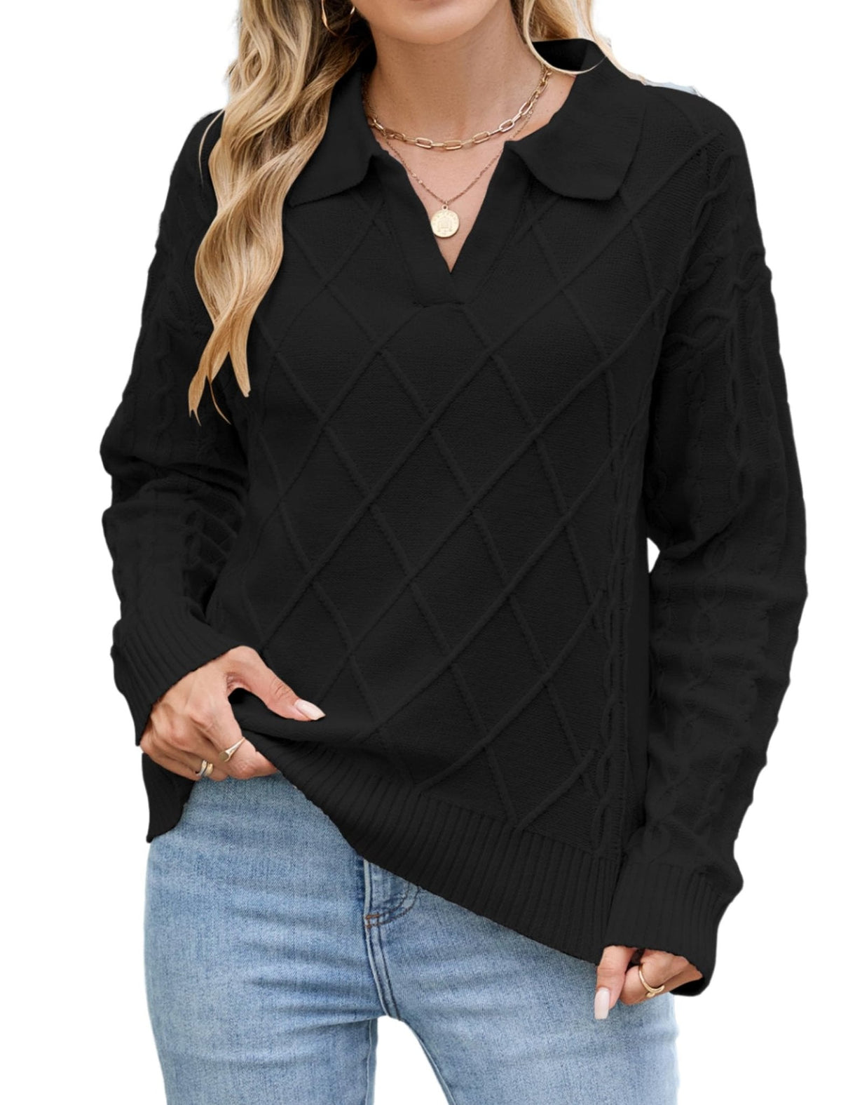 Women’s cable knit sweater with lapel collar, long sleeves, black