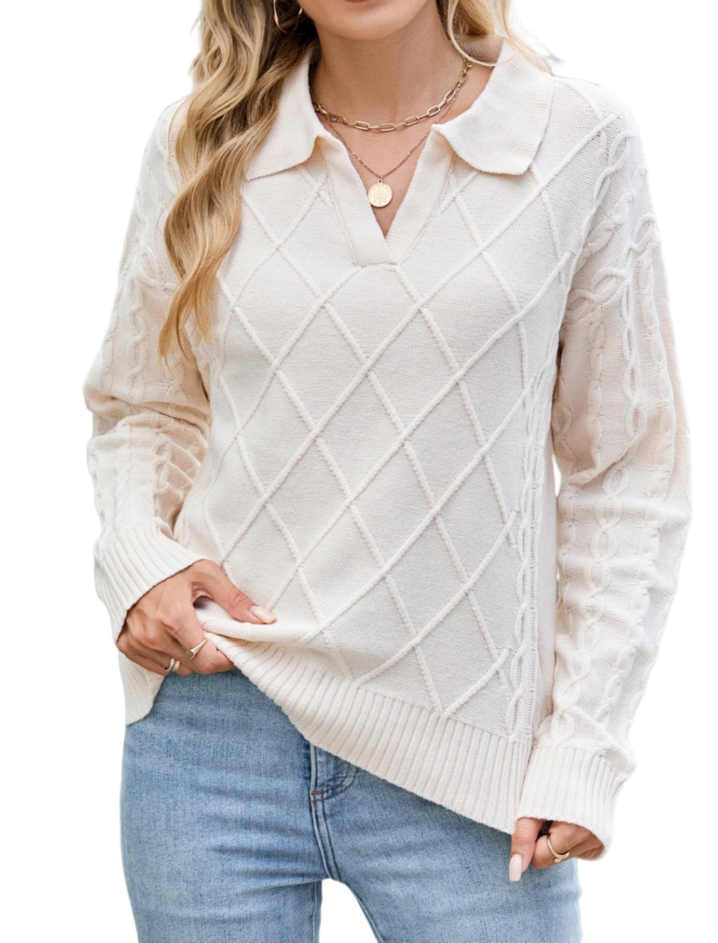 Women’s cable knit sweater with lapel collar, long sleeves, off-white