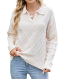 Women’s cable knit sweater with lapel collar, long sleeves, off-white