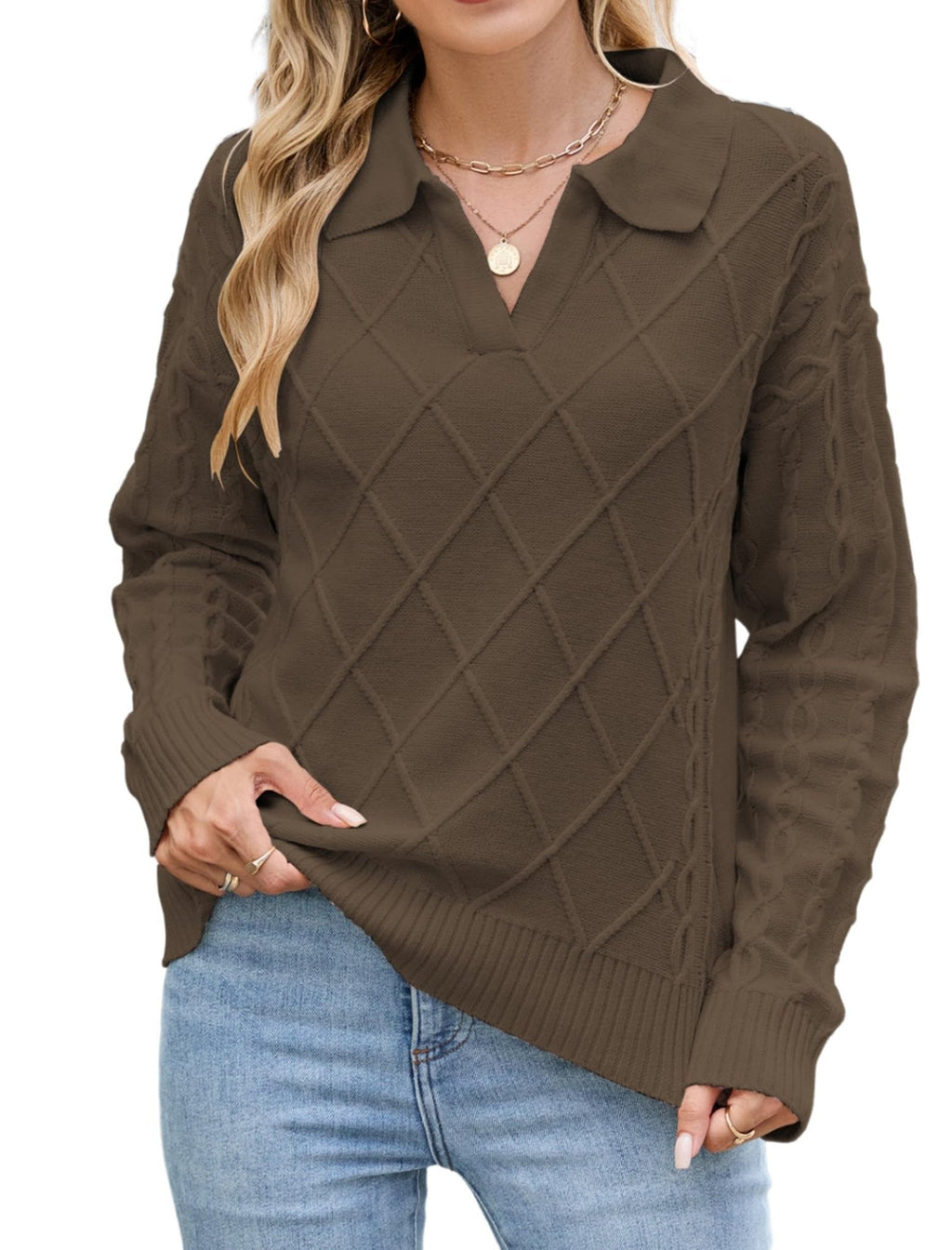 Women's cable knit sweater, olive brown diamond pattern, collared V-neck pullover.