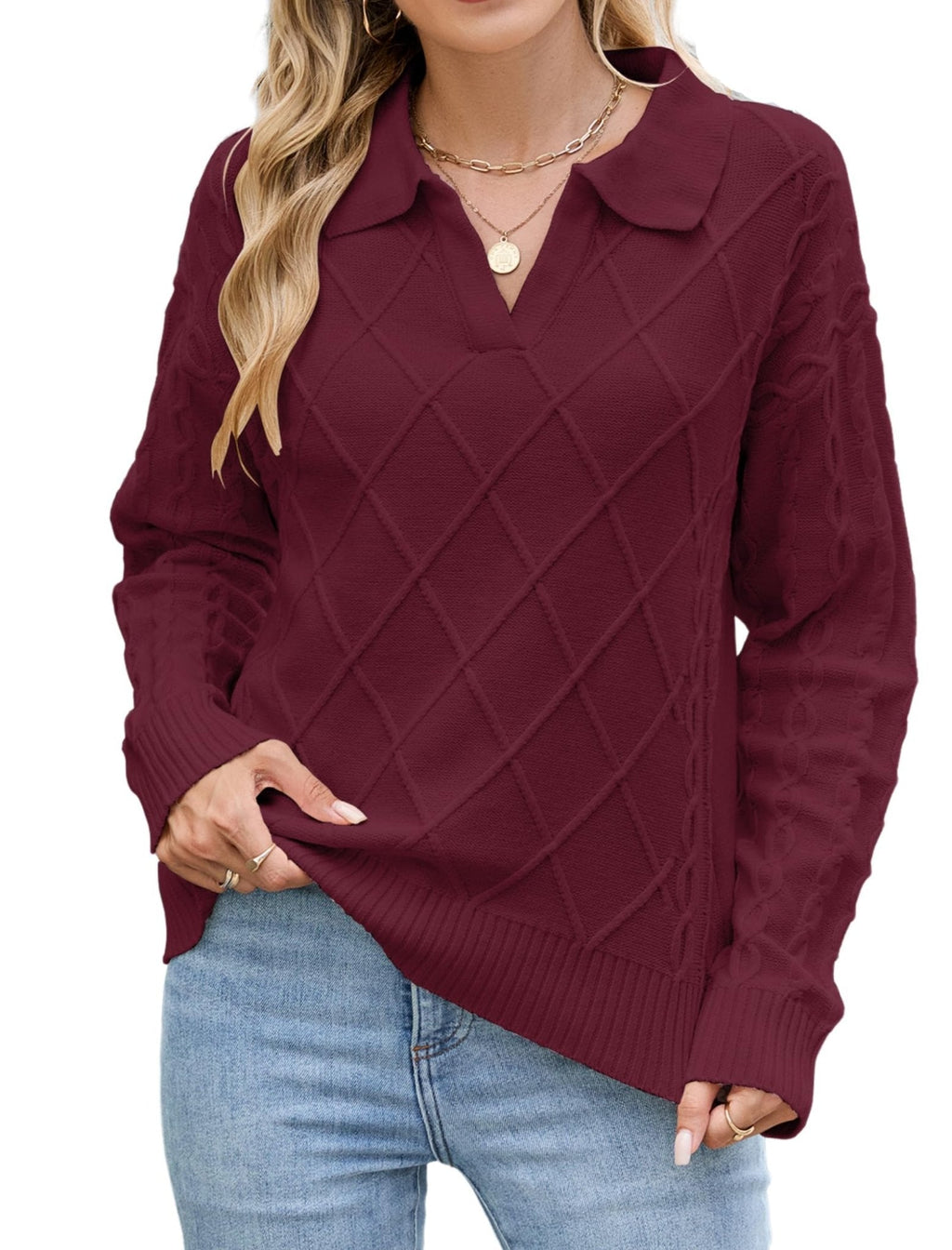 Women’s cable knit sweater with lapel collar, long sleeves, wine red