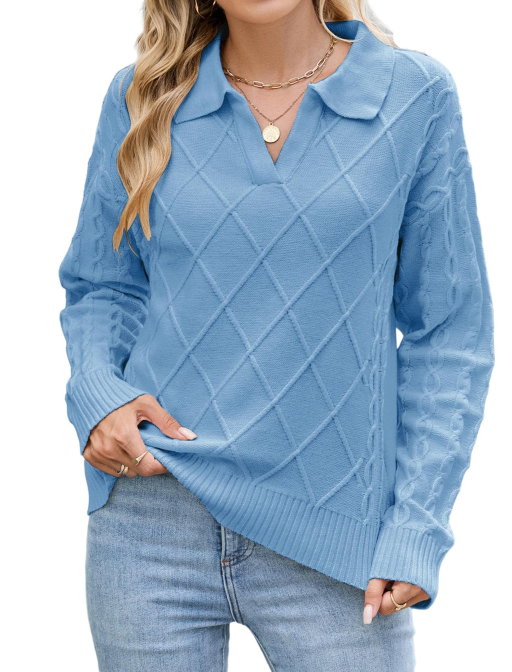Women’s cable knit sweater with classic lapel collar, long sleeves, light blue