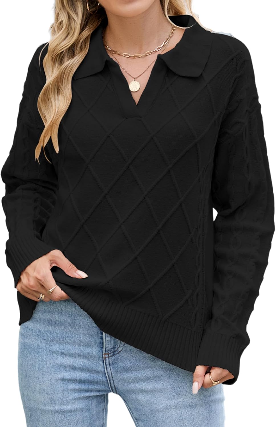 Women’s cable knit sweater with lapel collar, long sleeves, diamond textured black knit.
