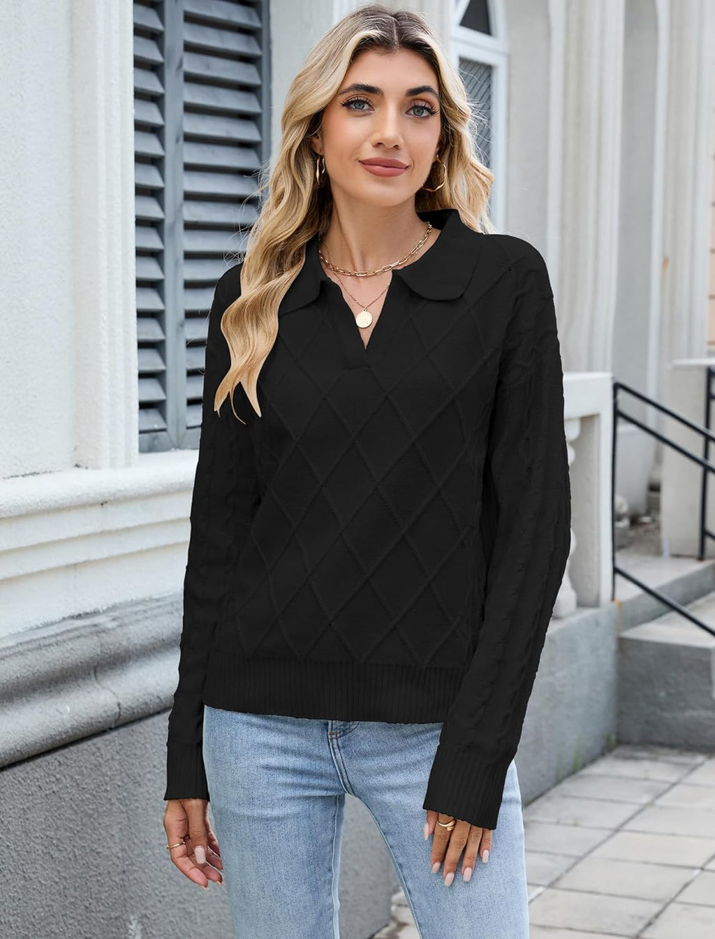 Women’s cable knit pullover with lapel collar and diamond pattern, long sleeves, black.