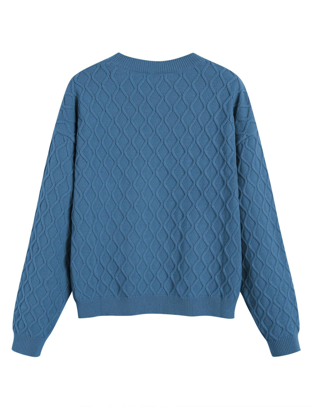 Blue cable knit crewneck pullover sweater with long sleeves and ribbed cuffs.