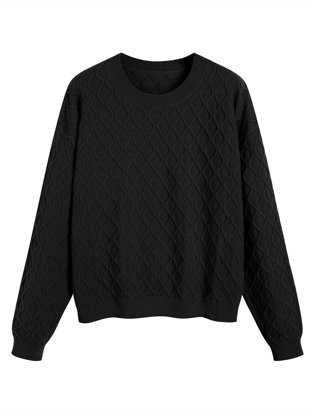 Black cable knit crewneck sweater, long sleeves, ribbed hem and cuffs