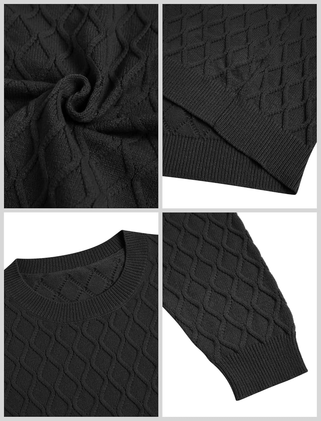 Black cable knit sweater close-up showing textured pattern and ribbed cuffs.