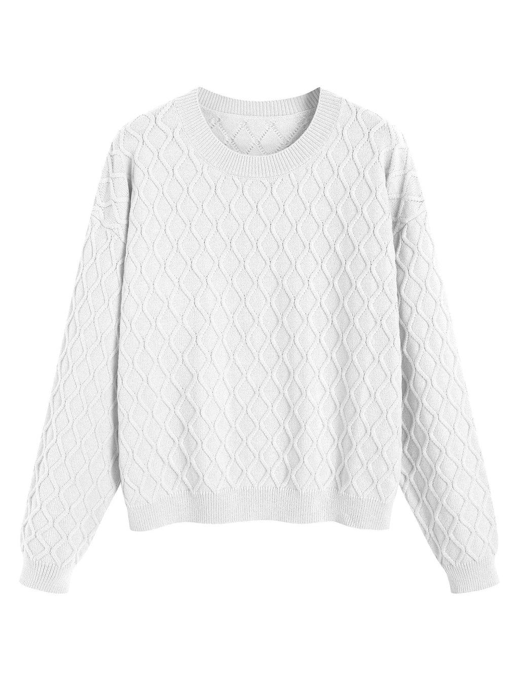 White cable knit crewneck pullover sweater with long sleeves and ribbed hem.
