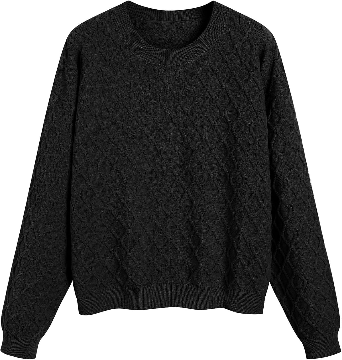 Black cable knit crewneck pullover sweater with long sleeves, relaxed fit.