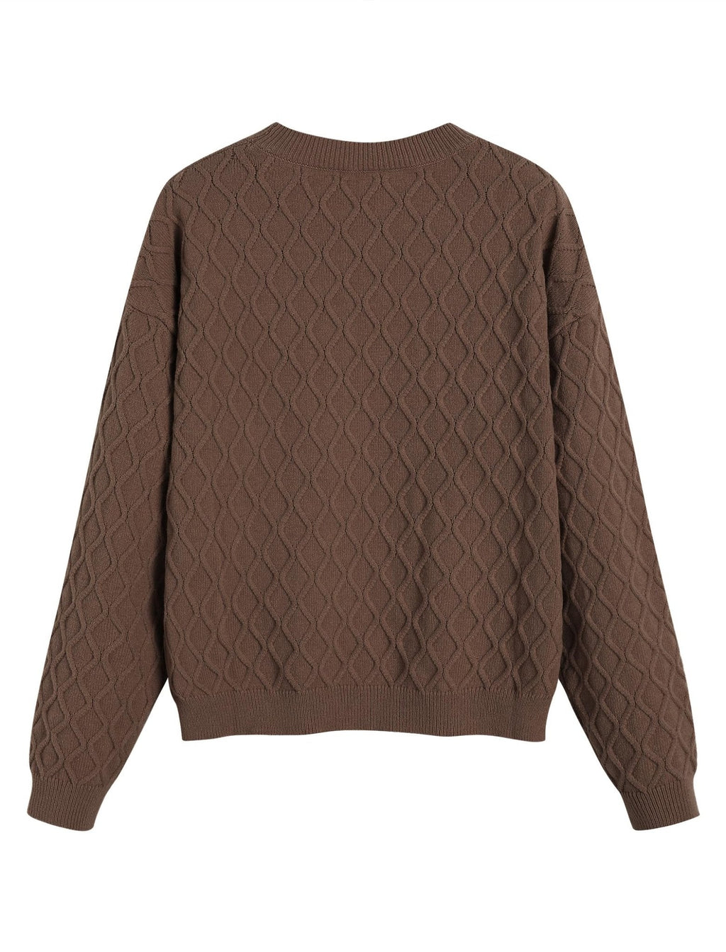 Coffee-brown cable knit crewneck pullover sweater with long sleeves and ribbing.