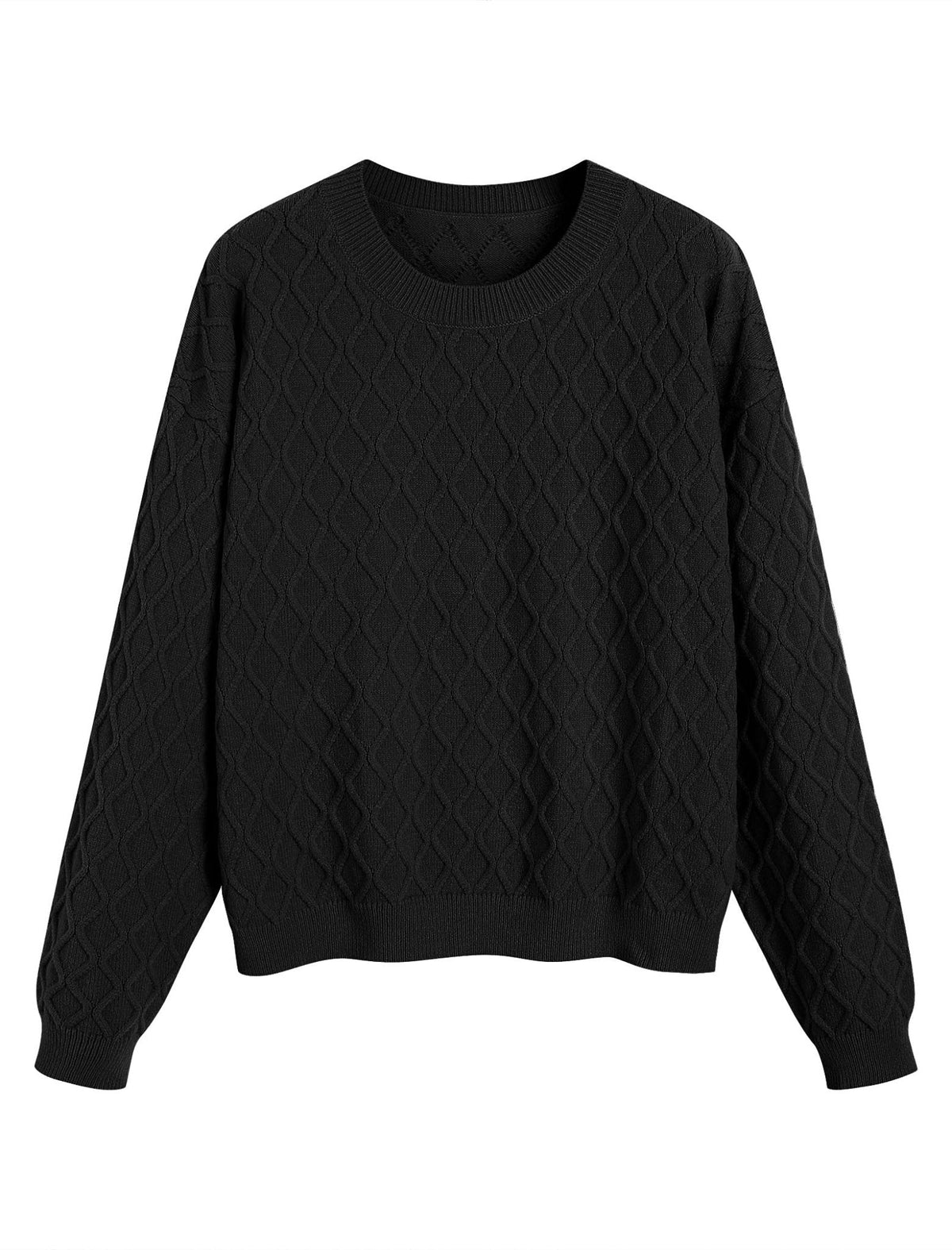 Black cable knit crewneck sweater with textured diamond pattern, ribbed cuffs
