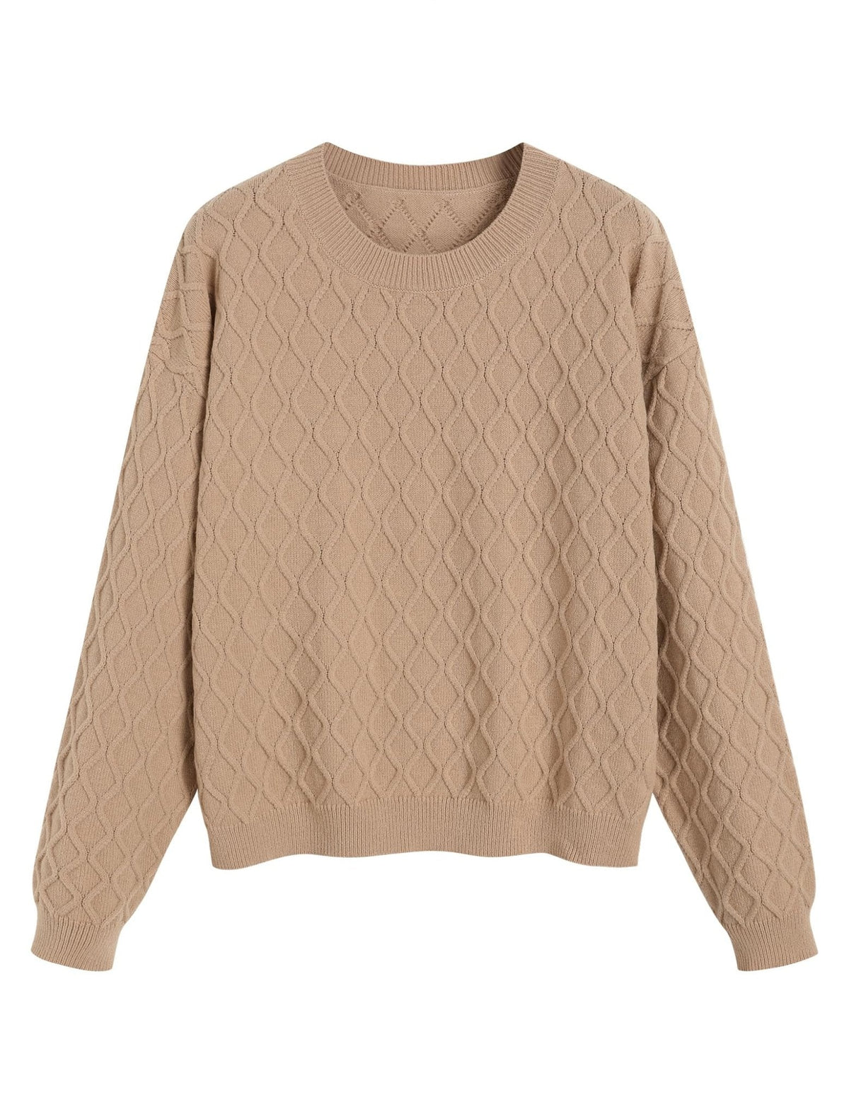 Beige cable knit crewneck sweater, long sleeves, ribbed hem and cuffs
