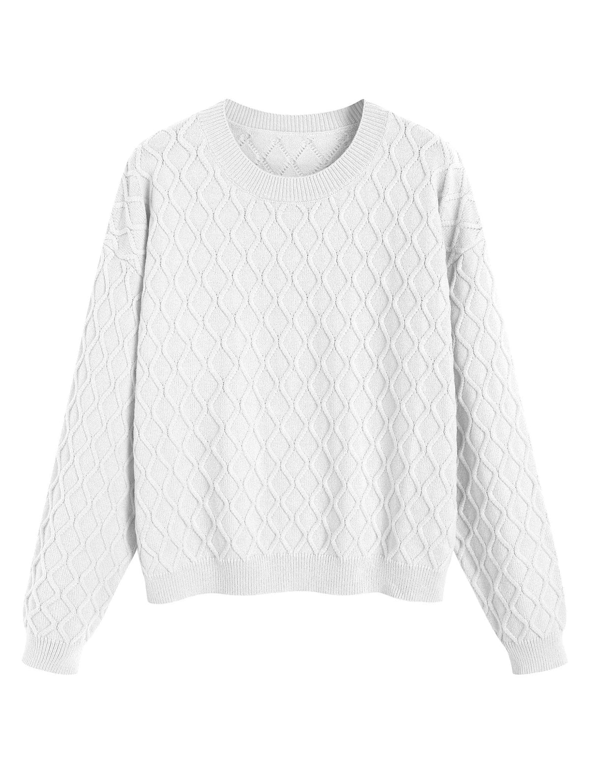 White cable knit crewneck sweater, long sleeves, ribbed hem and cuffs