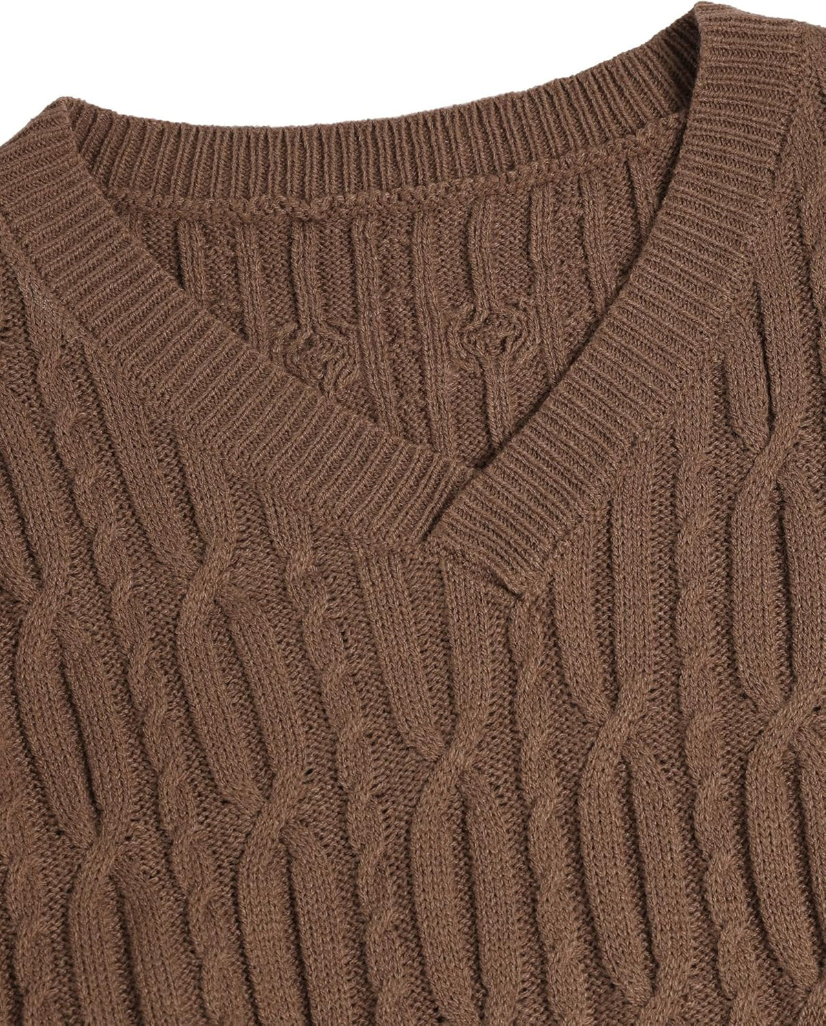 Close-up of brown V-neck cable knit sweater with ribbed collar and cuffs
