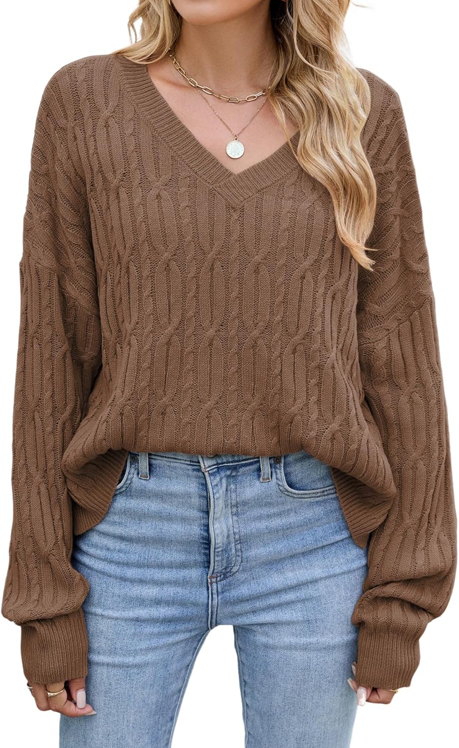 Brown V-neck cable knit oversized pullover sweater with long sleeves
