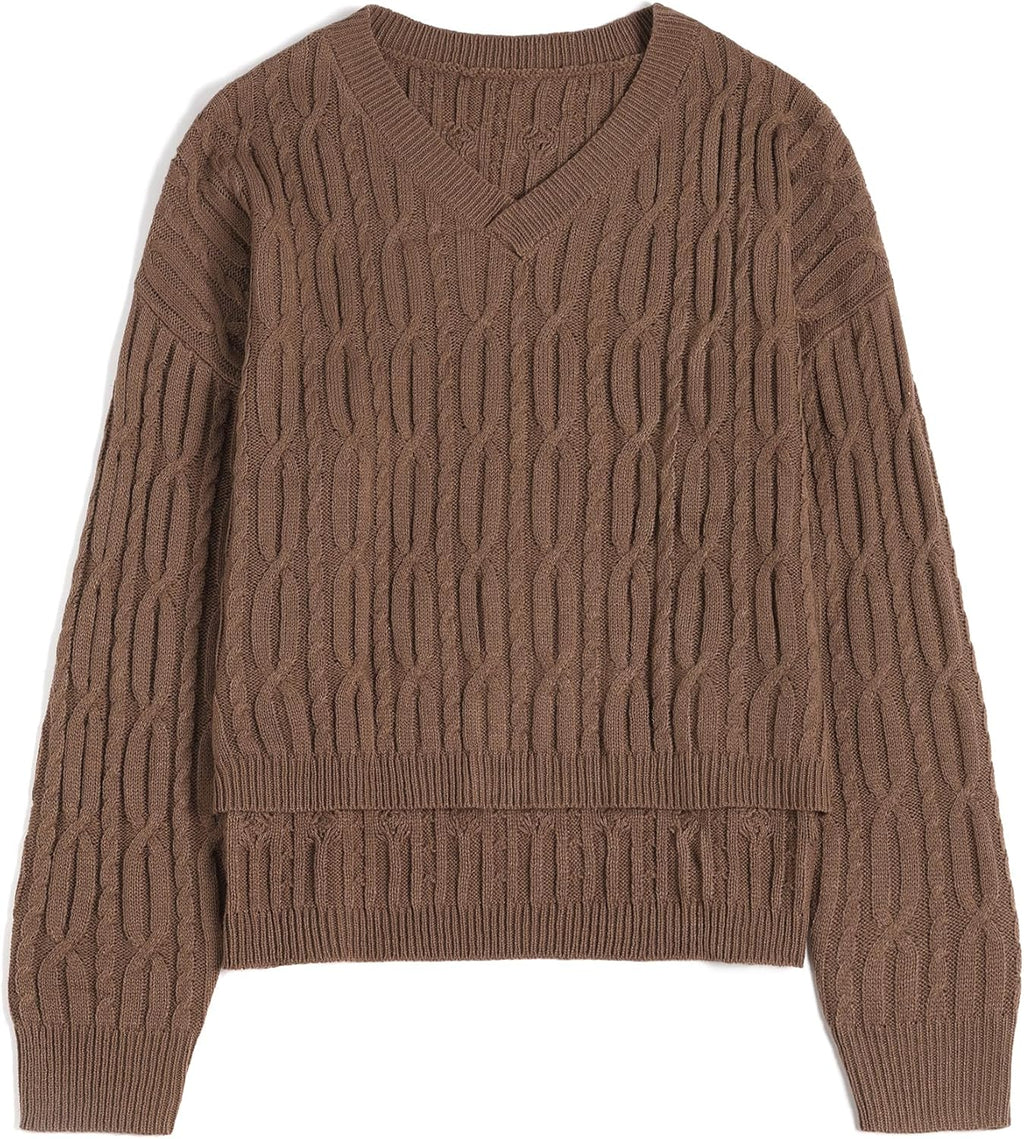 Brown V-neck cable knit pullover sweater with ribbed hem and long sleeves