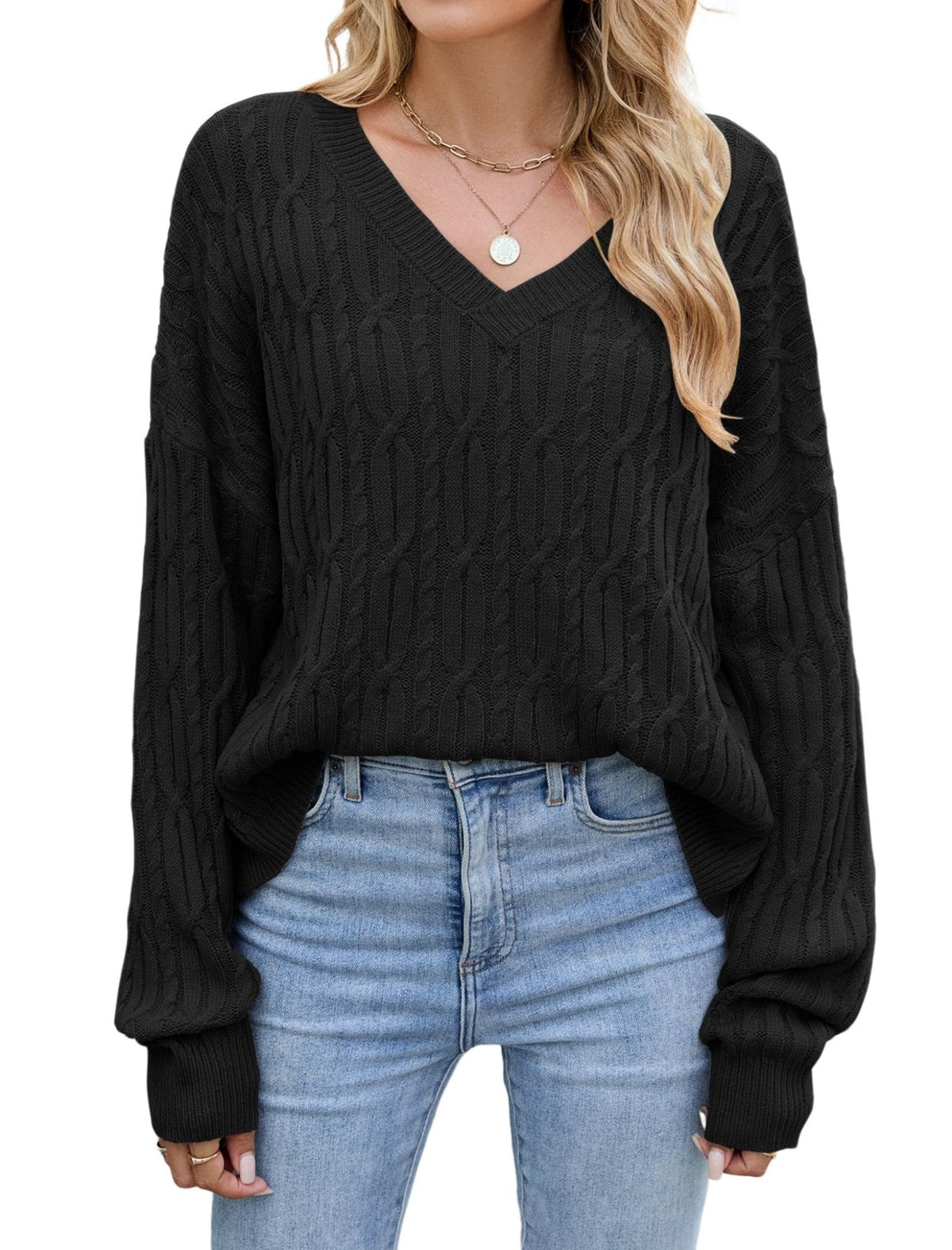 Black cable-knit V-neck long-sleeve sweater with ribbed cuffs and relaxed fit
