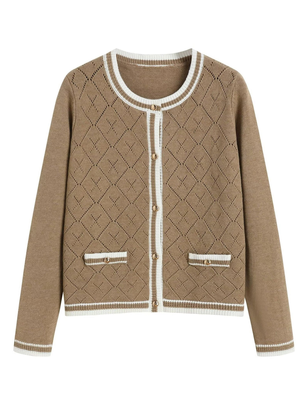 Khaki knit cardigan with diamond pattern, button front, chest patch pockets, striped trim