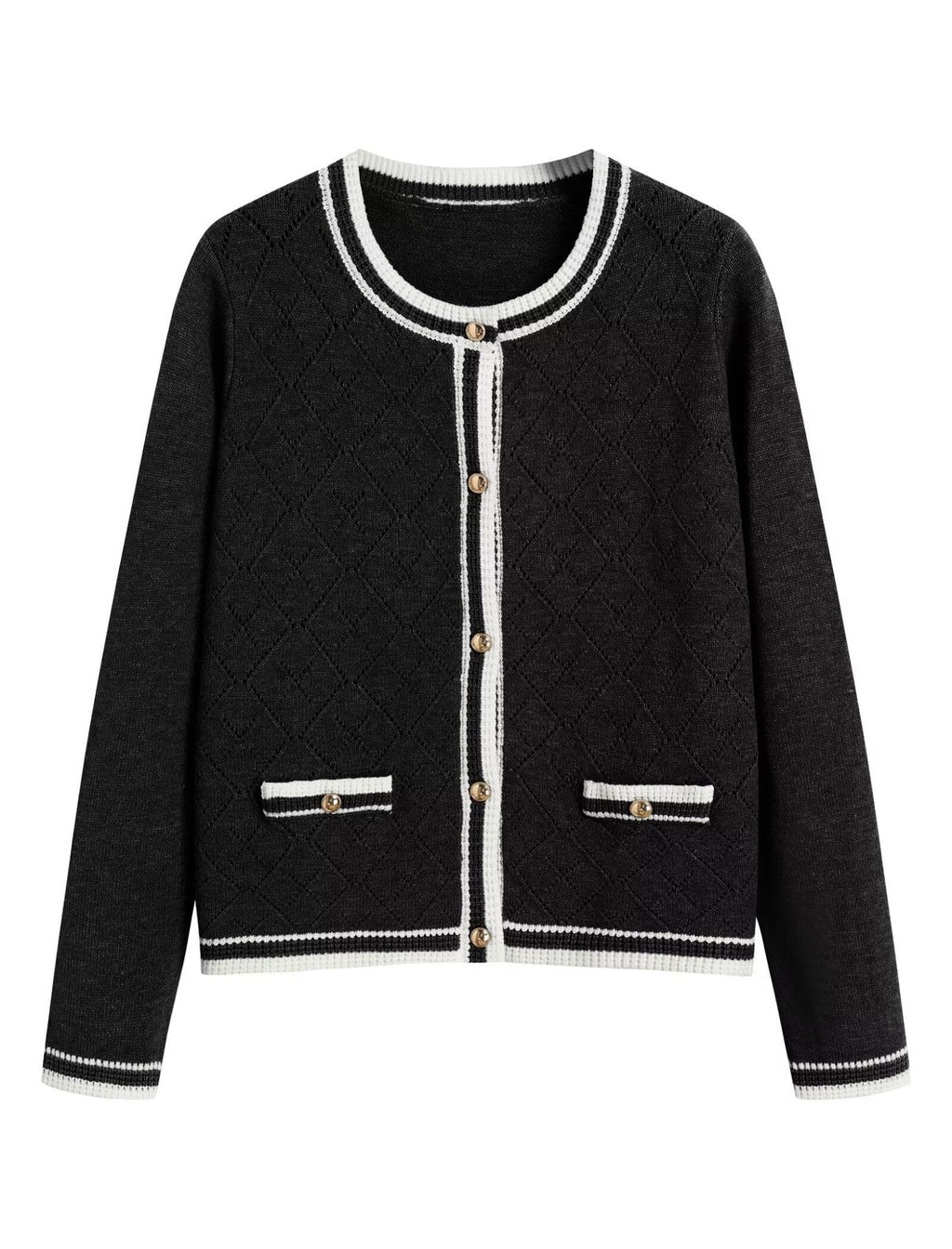 Black knit cardigan with diamond pattern, button front, white-trim cuffs and hem, long sleeves