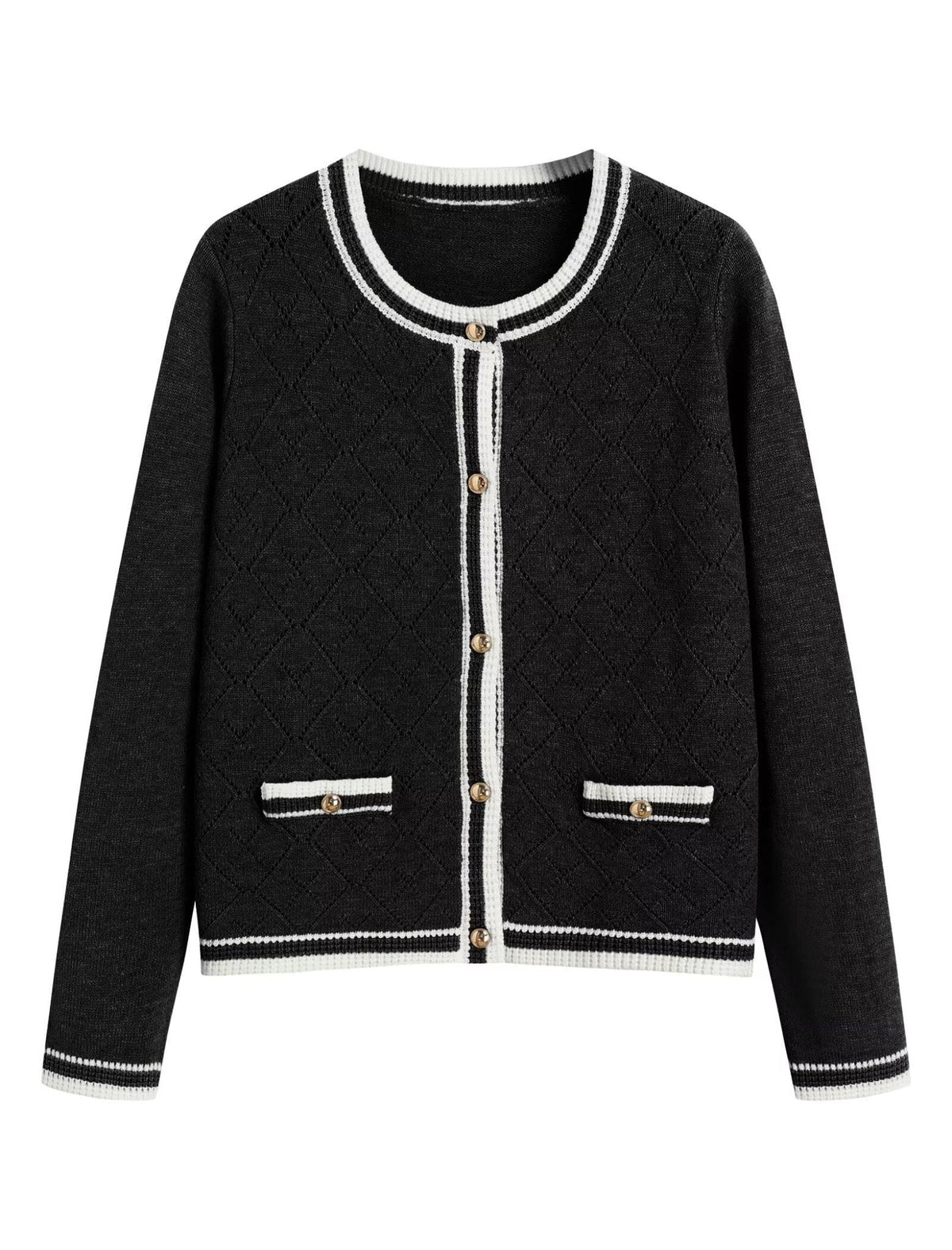 Black knit cardigan with diamond pattern, button front, white-trim cuffs and hem, long sleeves