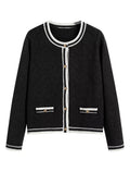 Women's black knit cardigan, long sleeves with contrast trim, button closure and chest pockets