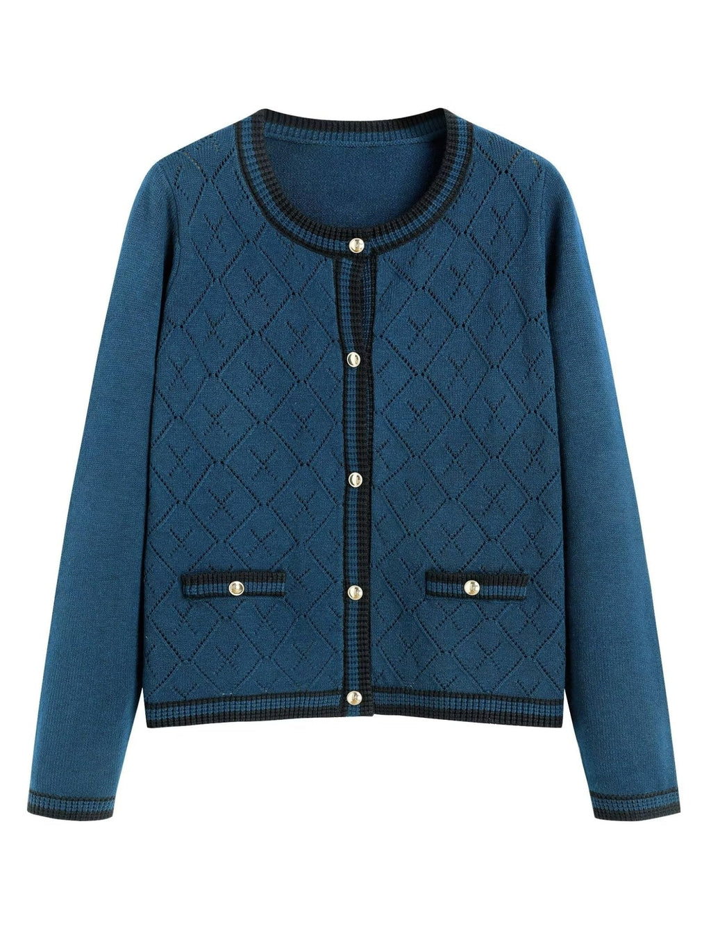 Dark blue knit cardigan with black trim, open front, gold-tone button placket, long sleeves.