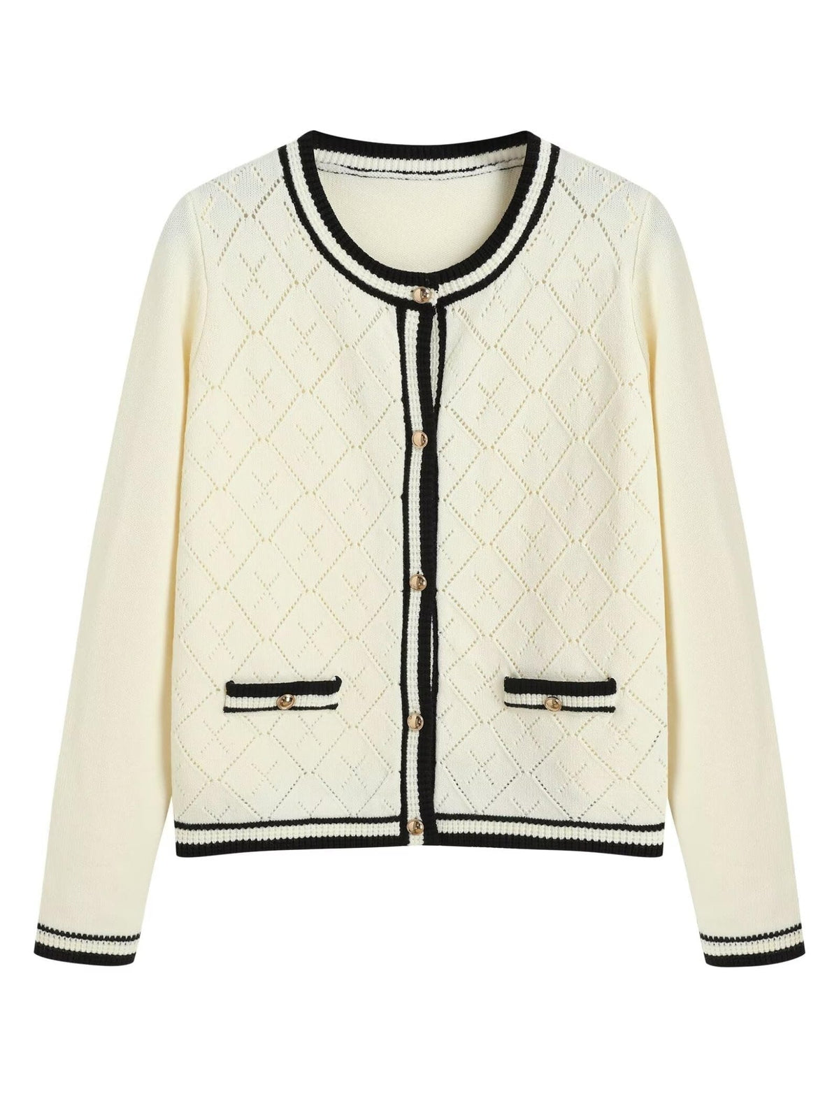 Cream knit cardigan with diamond pattern, button front, black trim and striped cuffs
