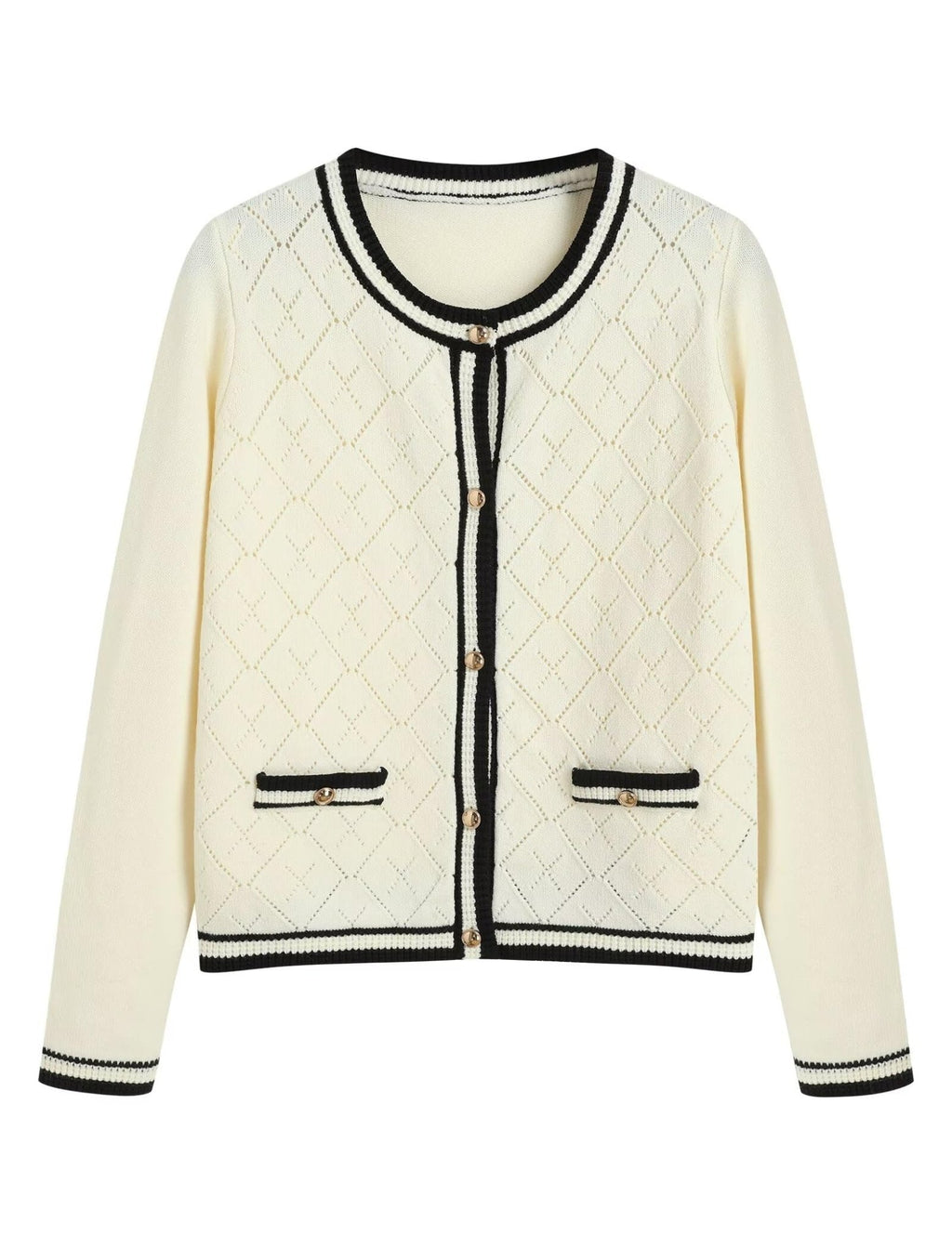 Women's cream knit cardigan sweater, button-front placket with diamond texture and side pockets
