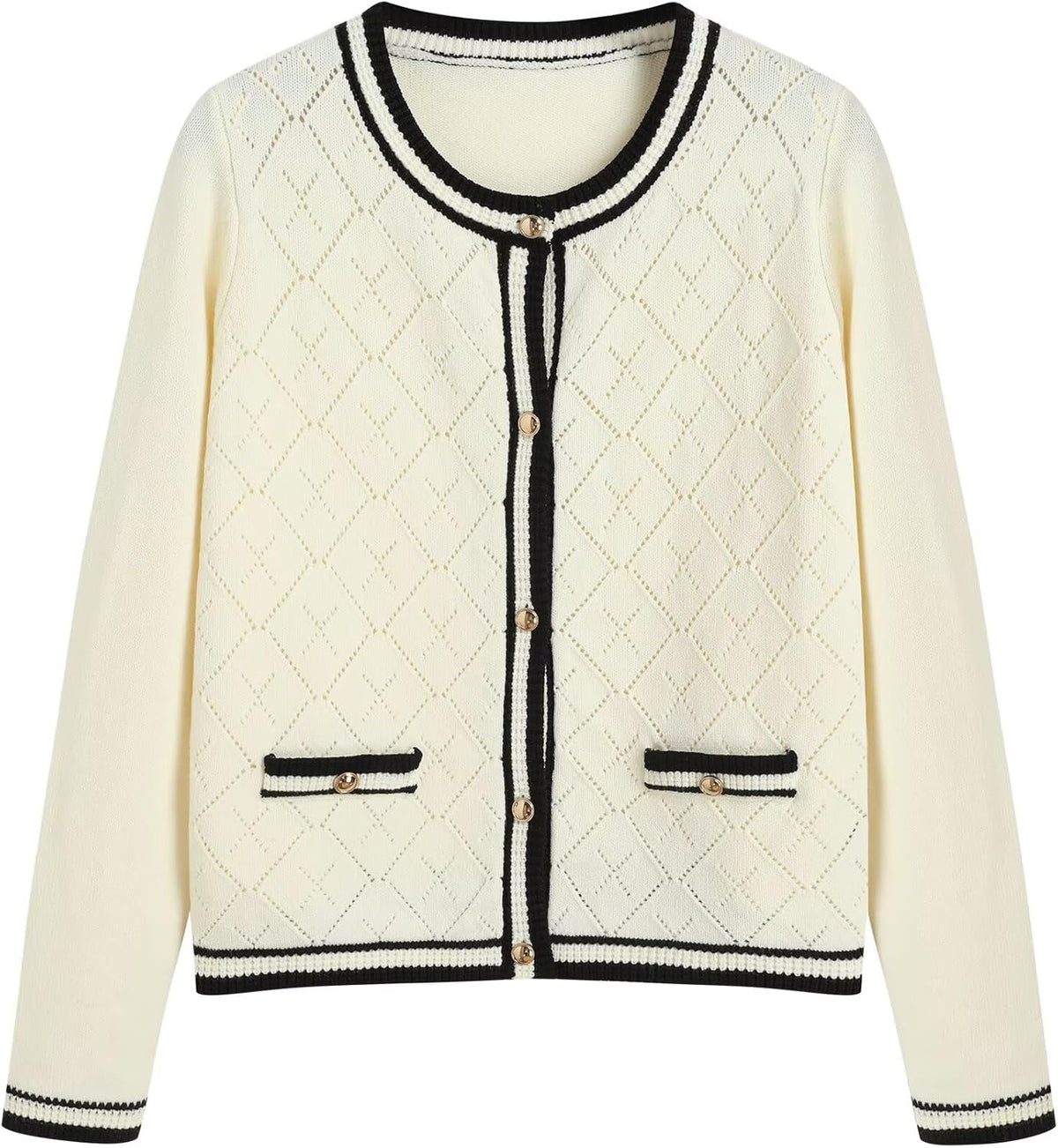 Cream knit cardigan with black trim, open front, button placket, long sleeves.