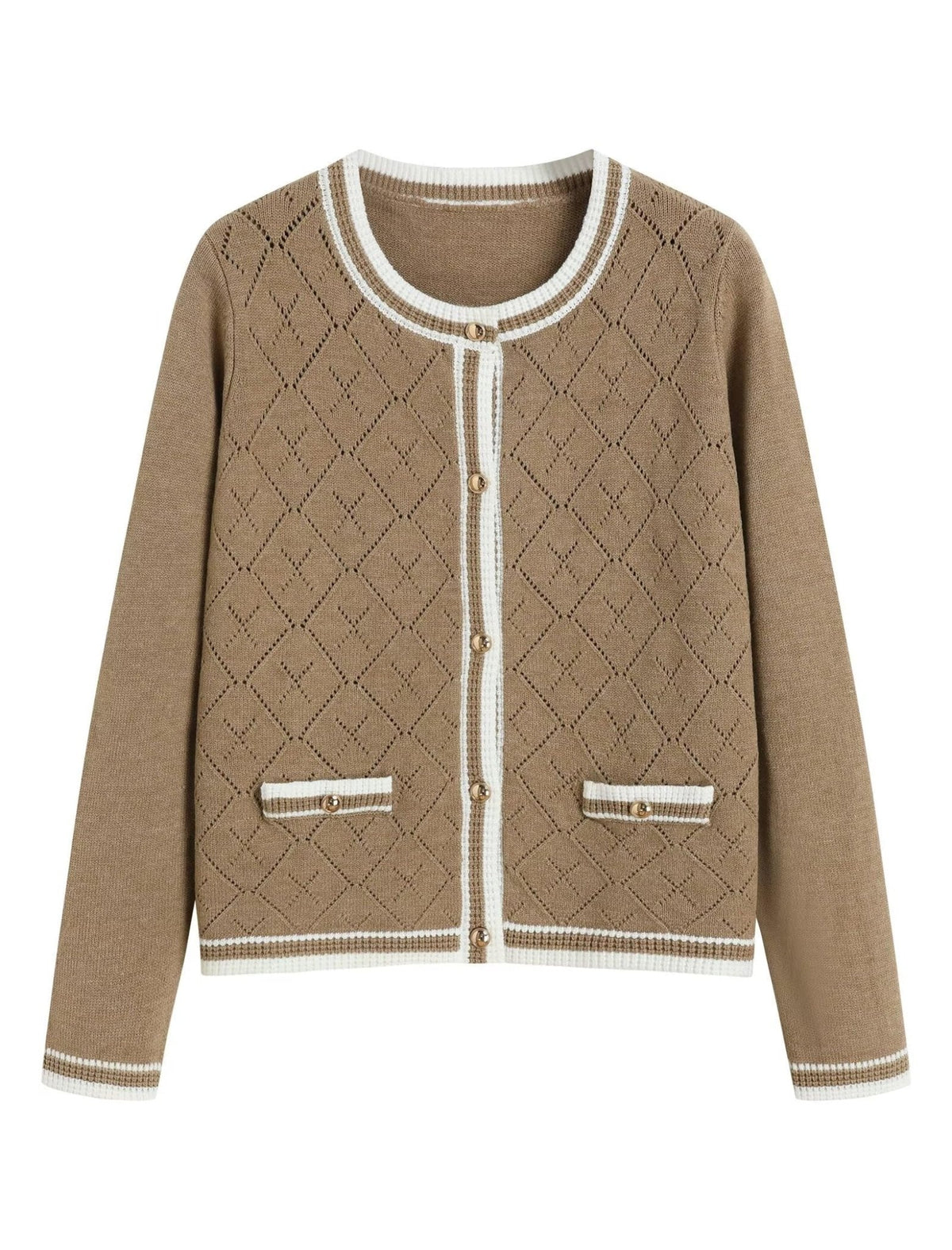 Khaki/beige knit cardigan with white trim, open front, gold-tone buttons, long sleeves.