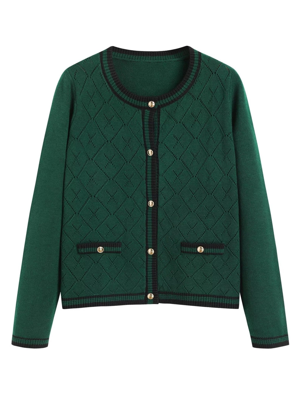Dark green knit cardigan with diamond pattern, button front, gold-tone buttons, long sleeves